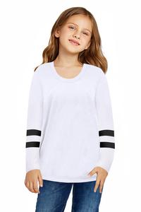 เสื้อคอกลมแขนยาวลายทางบล็อคสีสำหรับเด็กผู้หญิง
